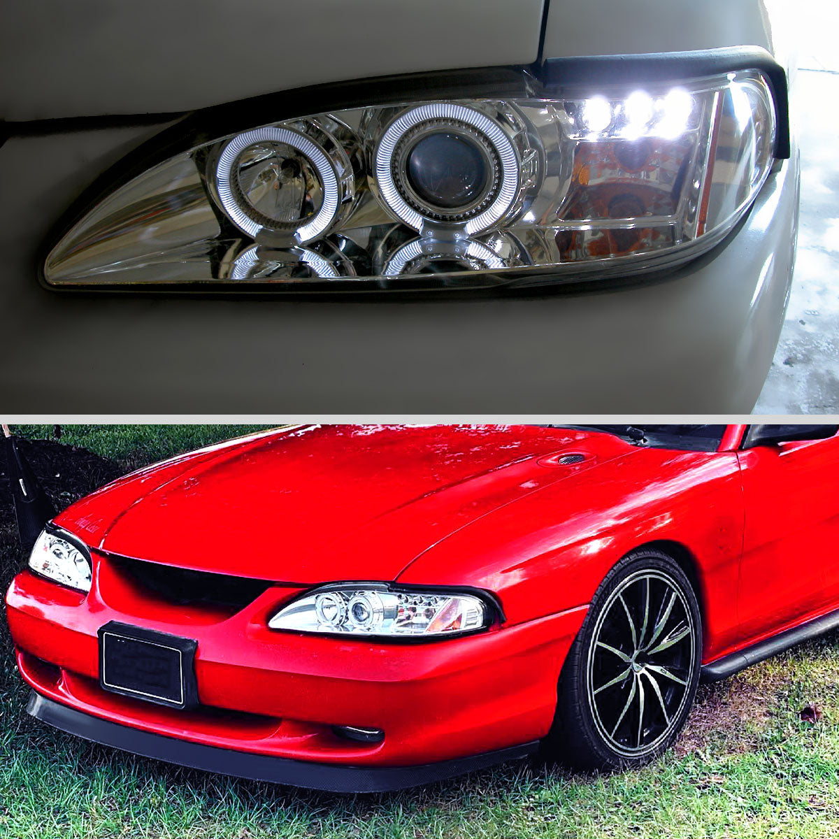 1994-1998 Ford Mustang Dual Halo Projector Headlights (Chrome Housing/Clear Lens)