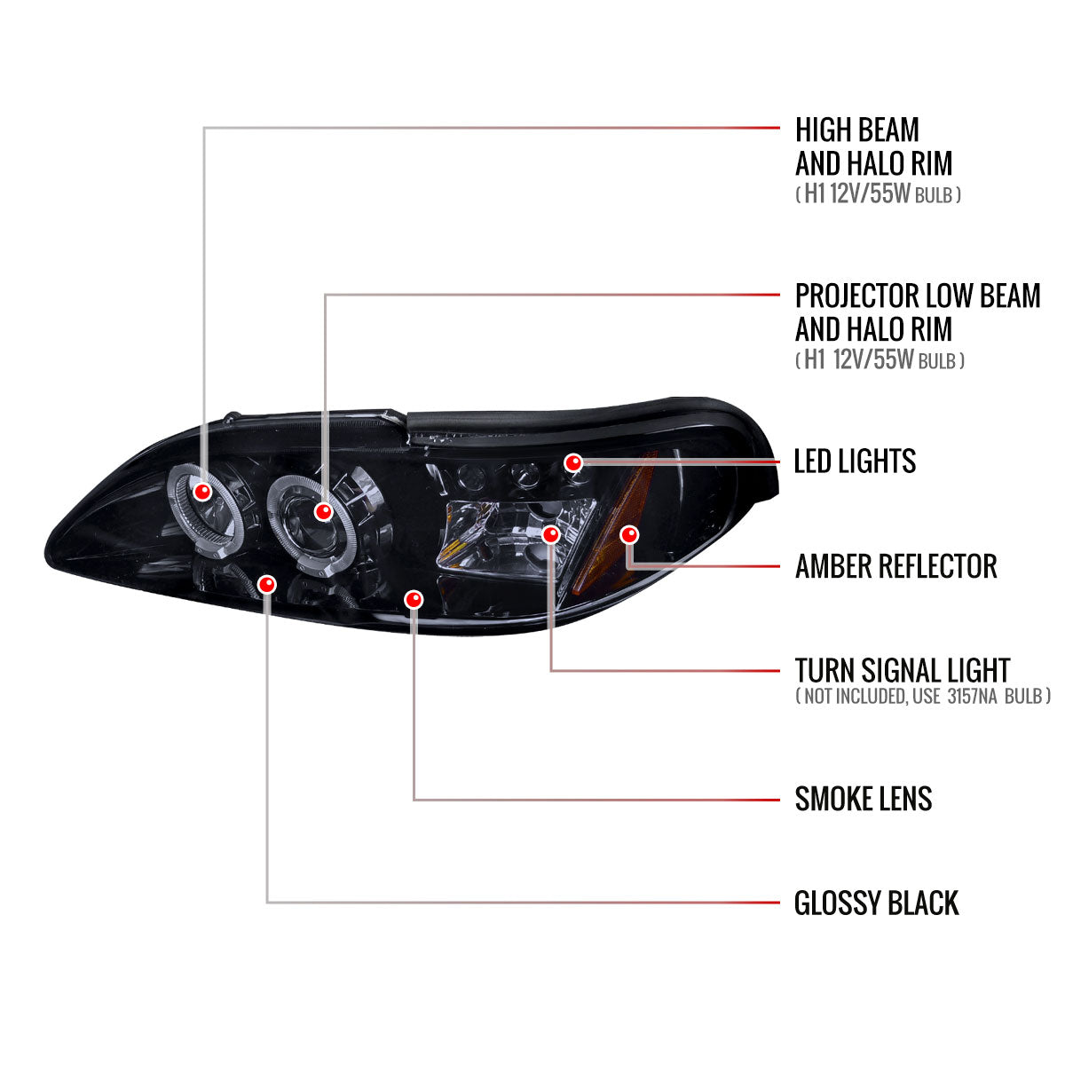1994-1998 Ford Mustang Dual Halo Projector Headlights (Glossy Black Housing/Smoked Lens)