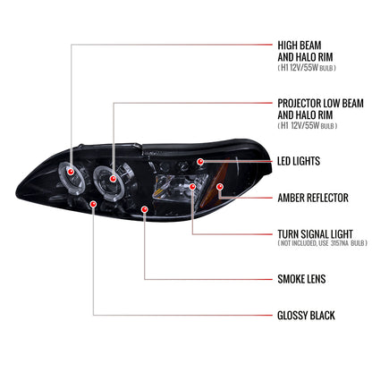 1994-1998 Ford Mustang Dual Halo Projector Headlights (Glossy Black Housing/Smoked Lens)