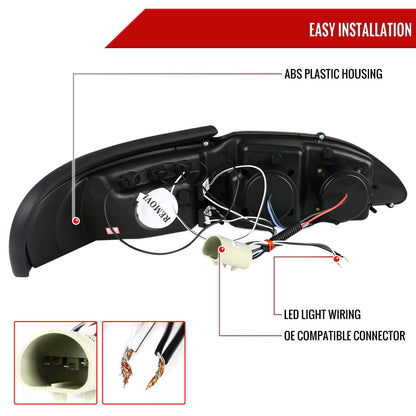 1994-1998 Ford Mustang Dual Halo V2 Projector Headlights (Glossy Black Housing/Smoked Lens)