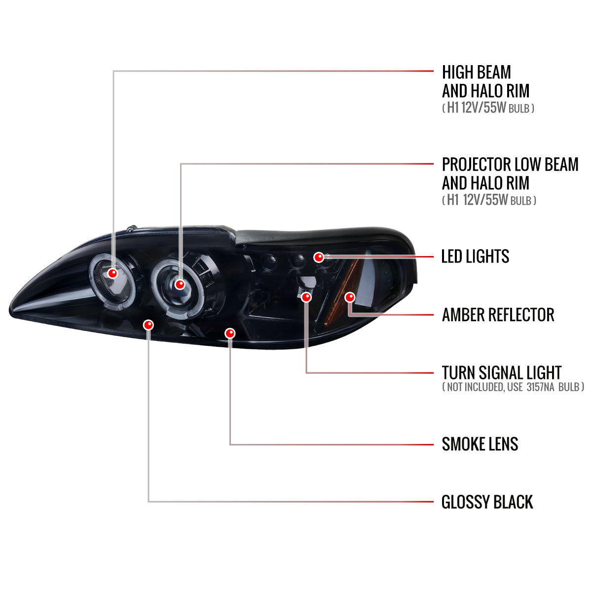 1994-1998 Ford Mustang Dual Halo V2 Projector Headlights (Glossy Black Housing/Smoked Lens)