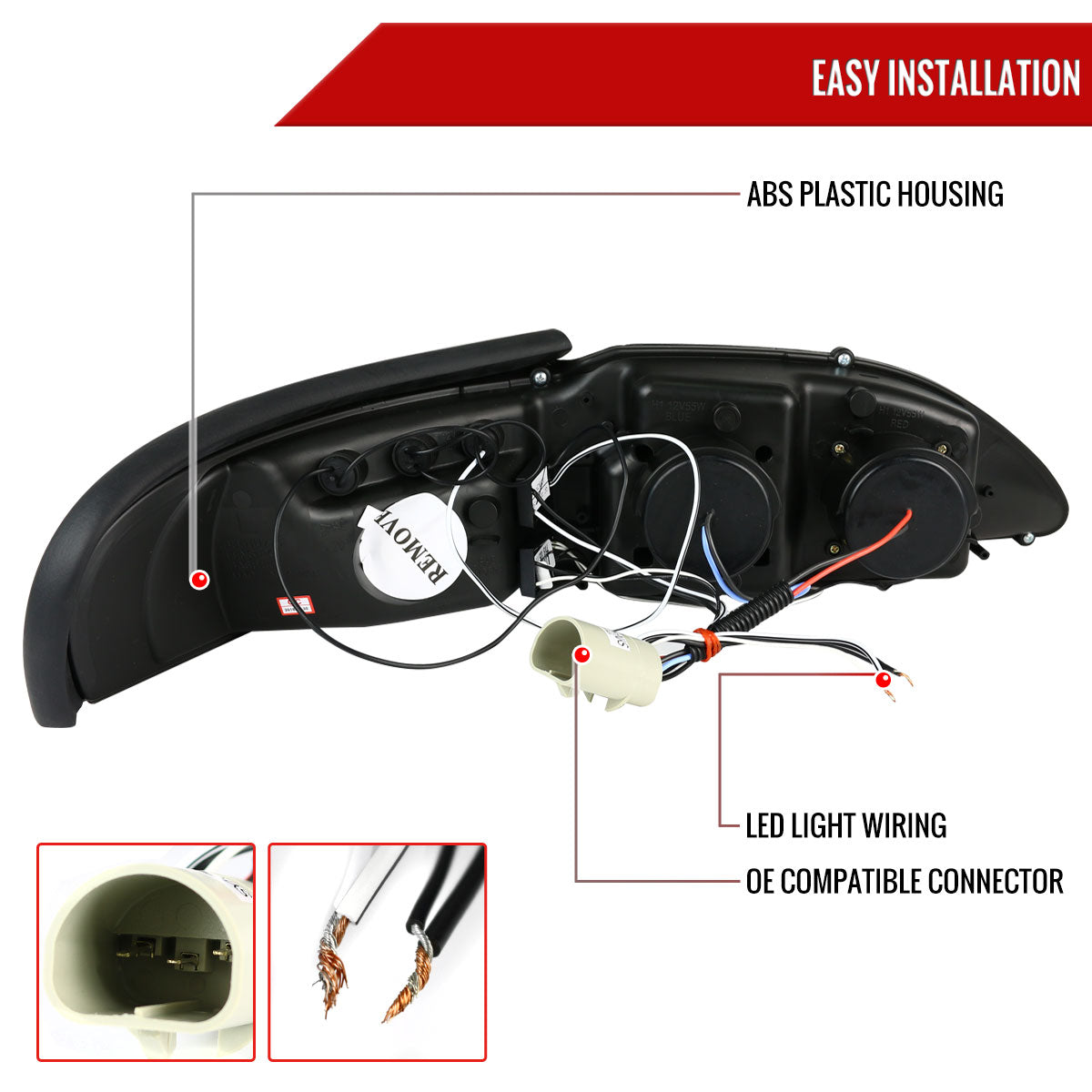 1994-1998 Ford Mustang Dual Halo Projector Headlights (Matte Black Housing/Clear Lens)