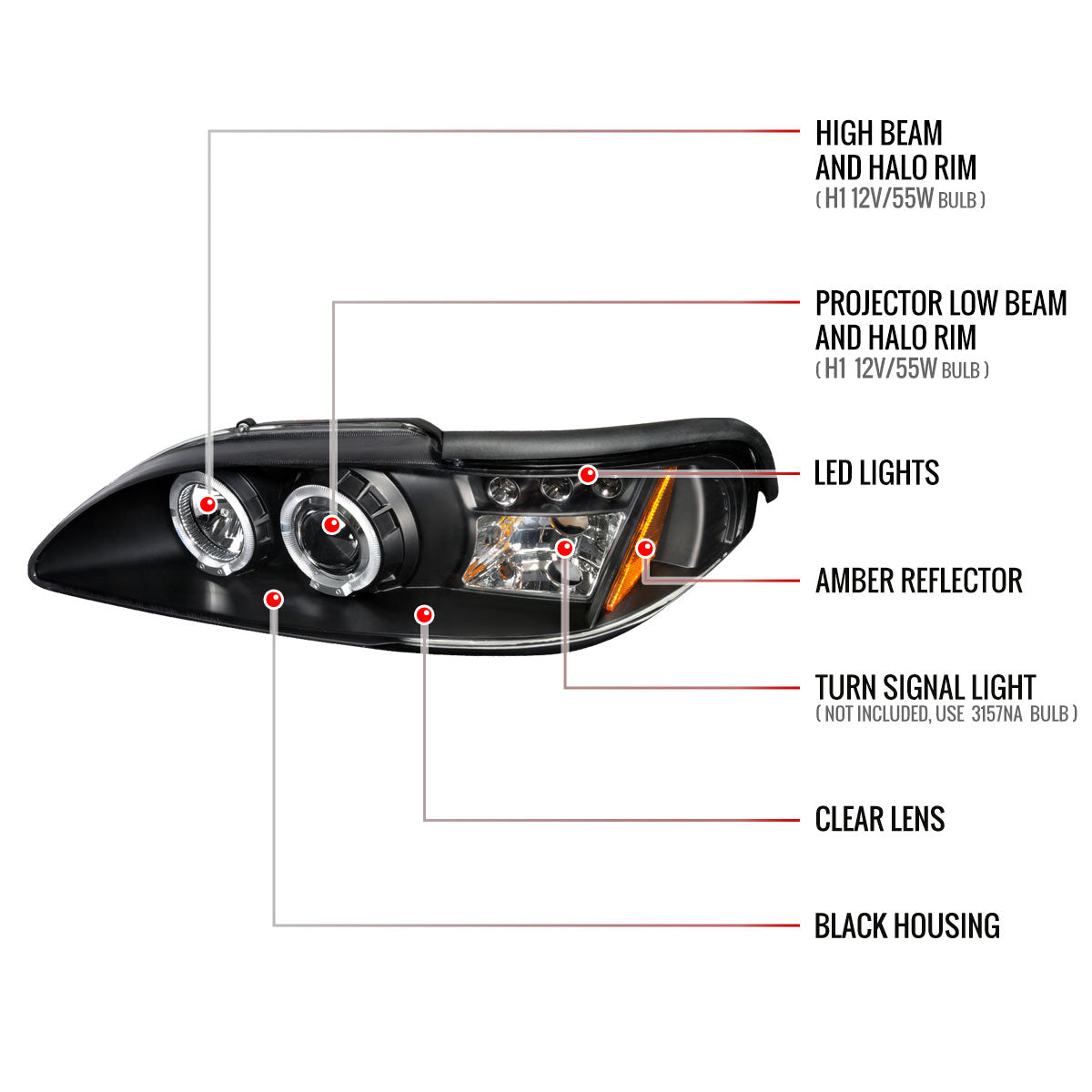 1994-1998 Ford Mustang Dual Halo Projector Headlights (Matte Black Housing/Clear Lens)