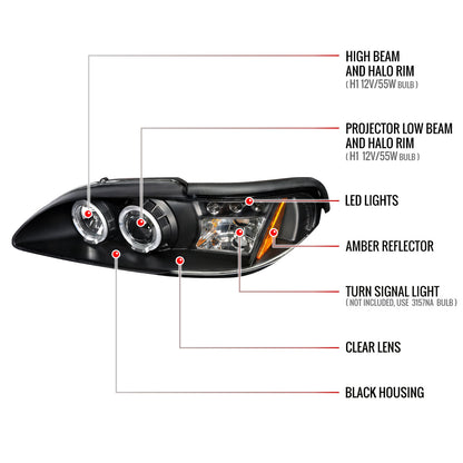1994-1998 Ford Mustang Dual Halo Projector Headlights (Matte Black Housing/Clear Lens)