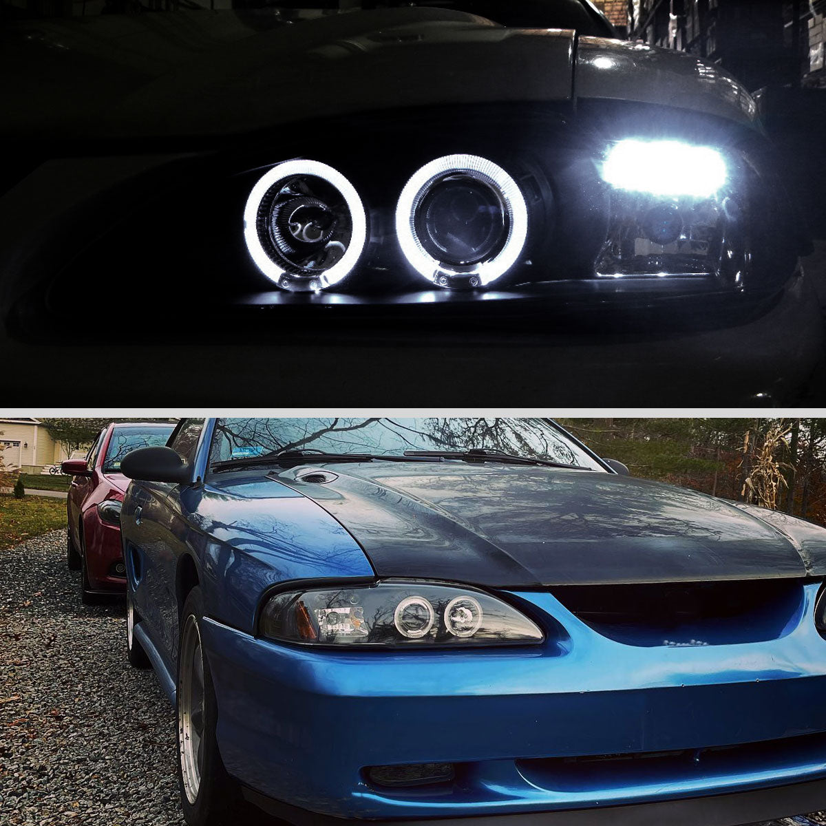 1994-1998 Ford Mustang Dual Halo Projector Headlights (Matte Black Housing/Clear Lens)
