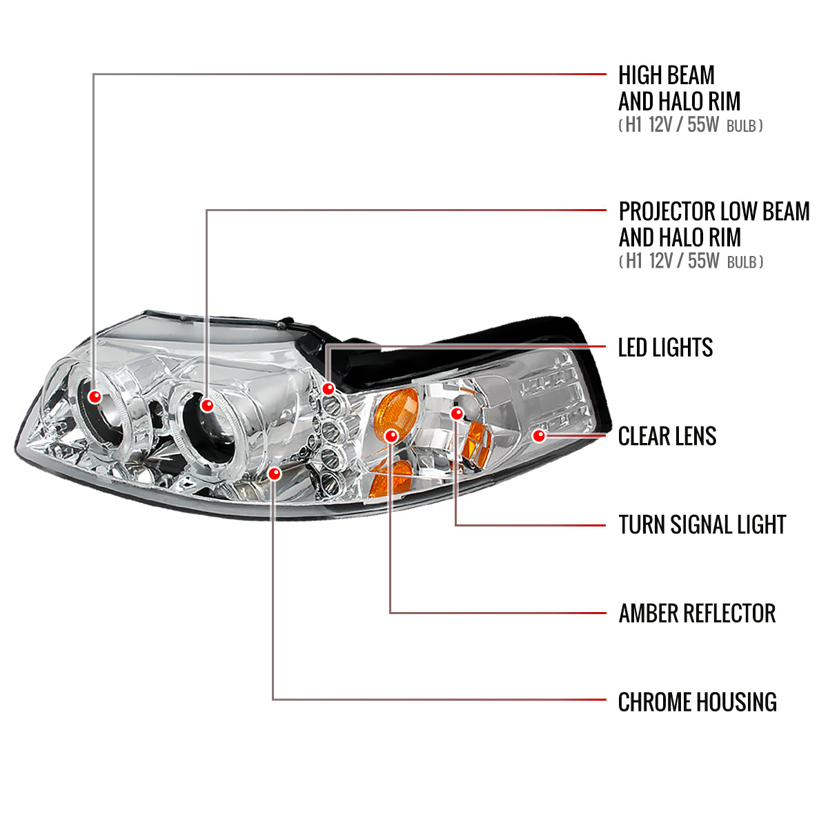 1999-2004 Ford Mustang Dual Halo Projector Headlights (Chrome Housing/Clear Lens)