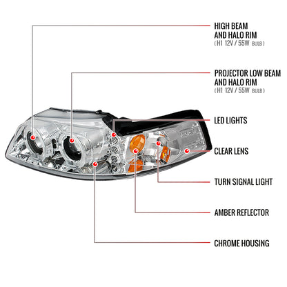 1999-2004 Ford Mustang Dual Halo Projector Headlights (Chrome Housing/Clear Lens)