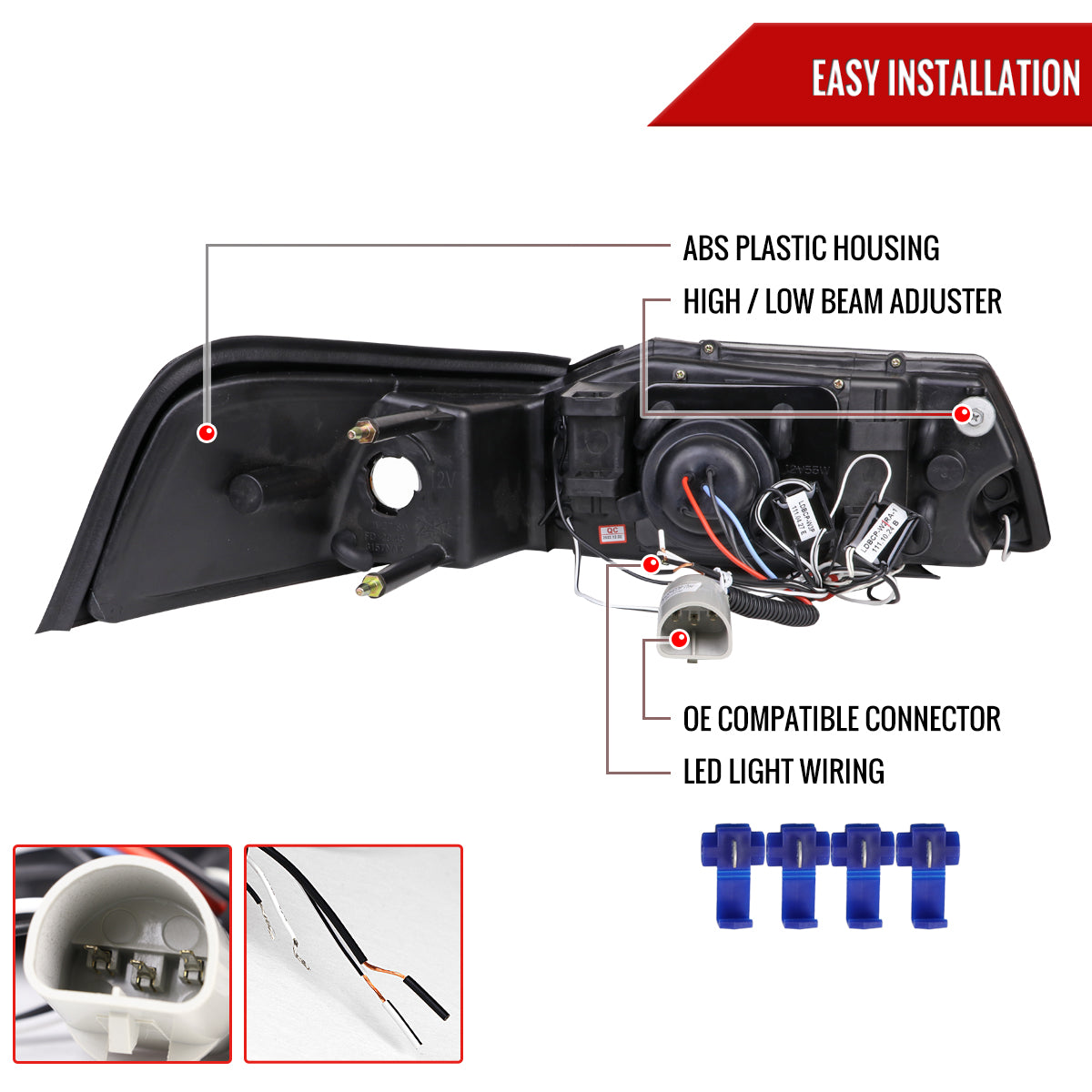 1999-2004 Ford Mustang Dual Halo Projector Headlights (Jet Black Housing/Clear Lens)