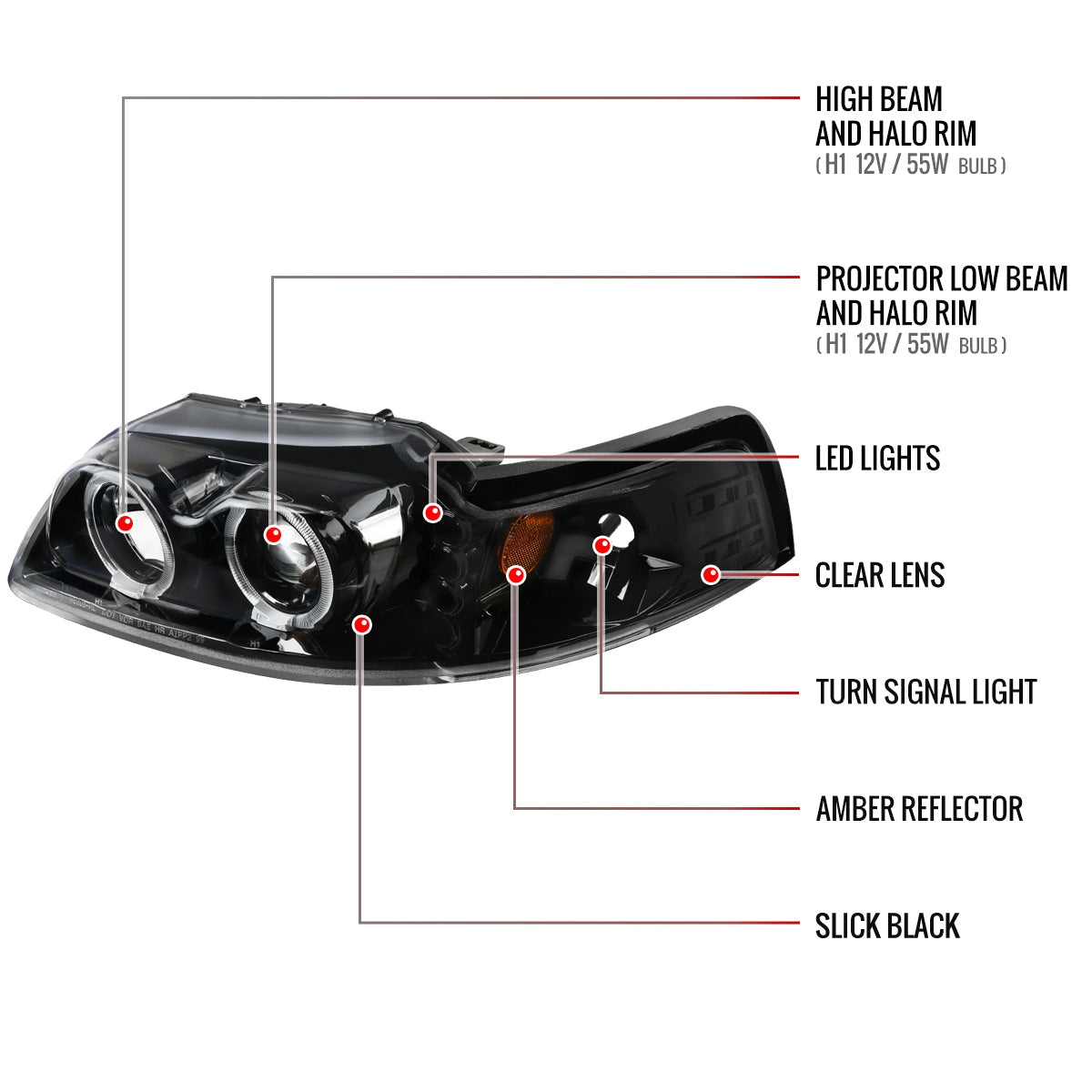 1999-2004 Ford Mustang Dual Halo Projector Headlights (Jet Black Housing/Clear Lens)