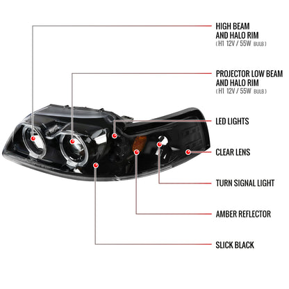 1999-2004 Ford Mustang Dual Halo Projector Headlights (Jet Black Housing/Clear Lens)