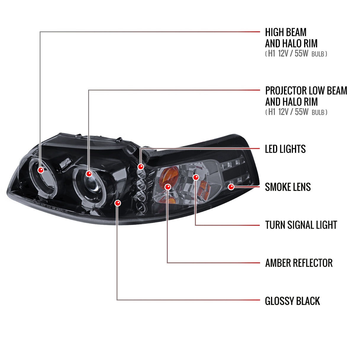 1999-2004 Ford Mustang Dual Halo Projector Headlights (Glossy Black Housing/Smoked Lens)