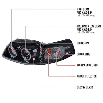 1999-2004 Ford Mustang Dual Halo Projector Headlights (Glossy Black Housing/Smoked Lens)