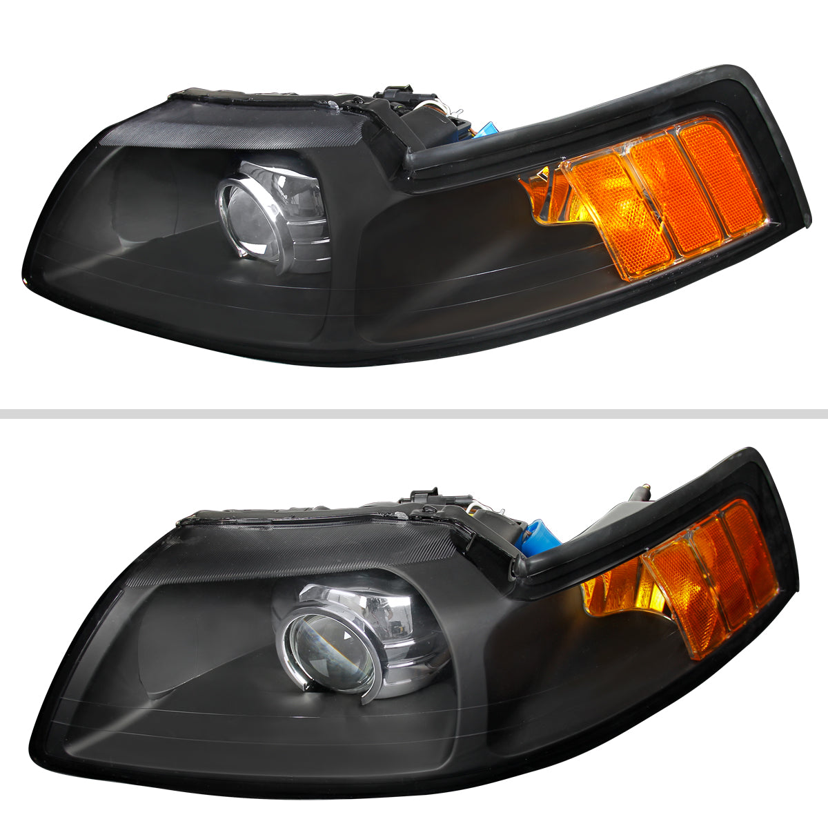 1999-2004 Ford Mustang Projector Headlights w/ Amber Reflectors (Matte Black Housing/Clear Lens)