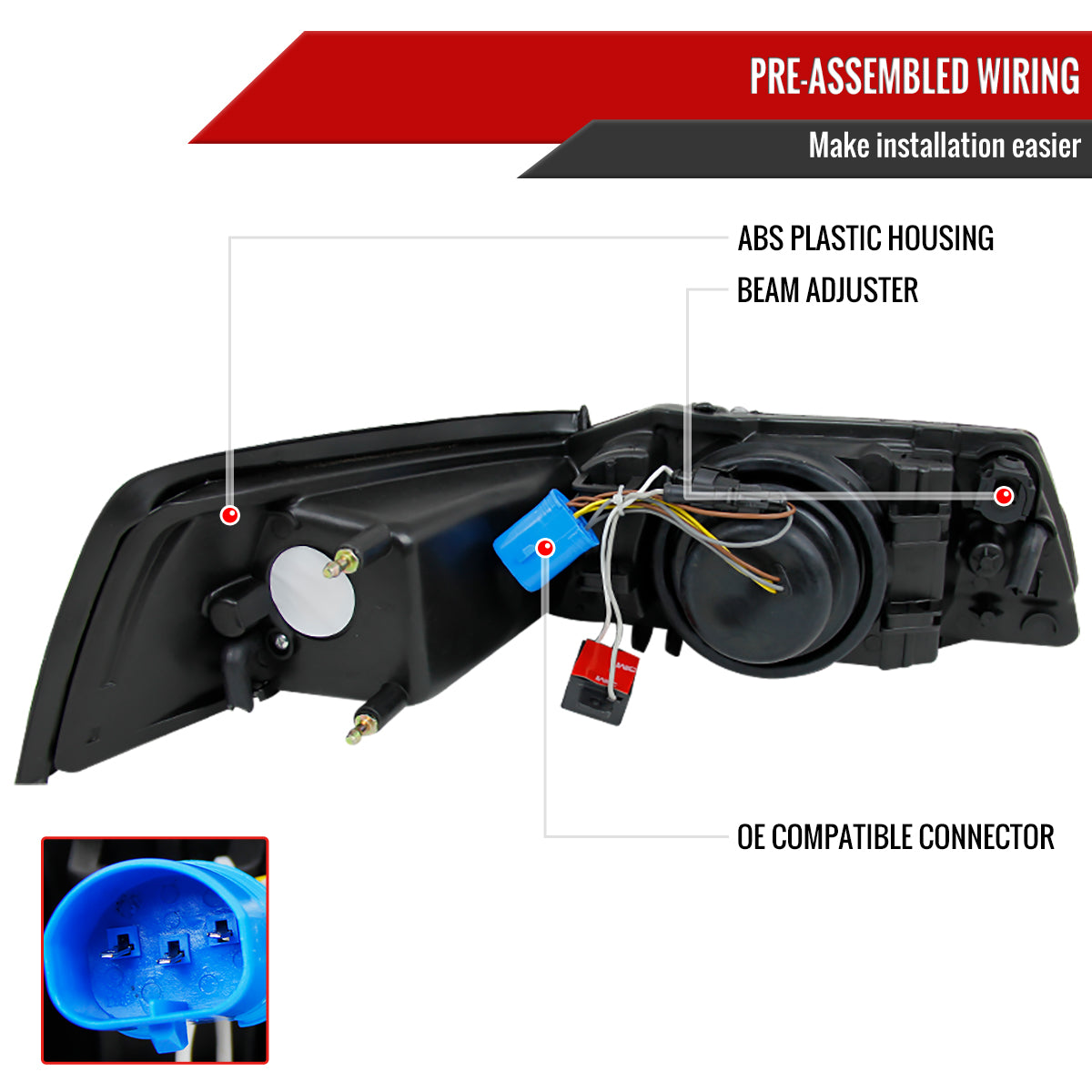 1999-2004 Ford Mustang Projector Headlights w/ Amber Reflectors (Matte Black Housing/Clear Lens)