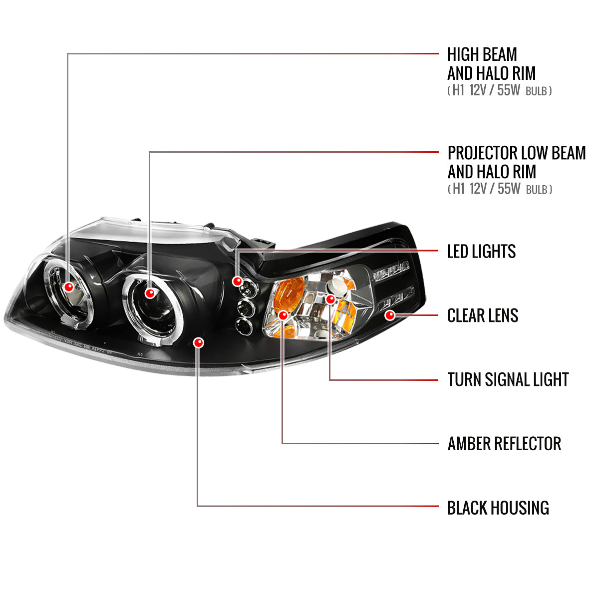 1999-2004 Ford Mustang Dual Halo Projector Headlights (Matte Black Housing/Clear Lens)
