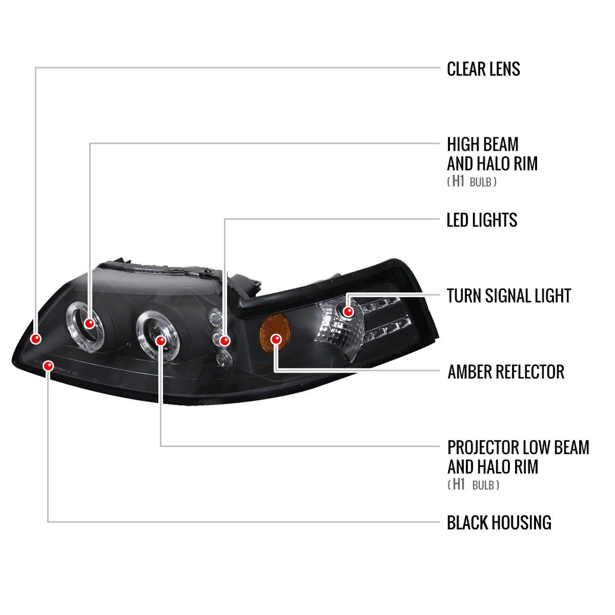 1999-2004 Ford Mustang Dual Halo V2 Projector Headlights (Matte Black Housing/Clear Lens)
