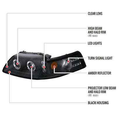 1999-2004 Ford Mustang Dual Halo V2 Projector Headlights (Matte Black Housing/Clear Lens)