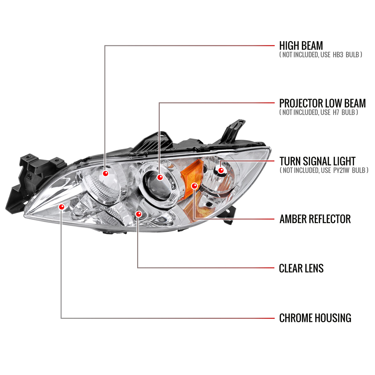 2004-2009 Mazda 3 Sedan Projector Style Headlights (Chrome Housing/Clear Lens)