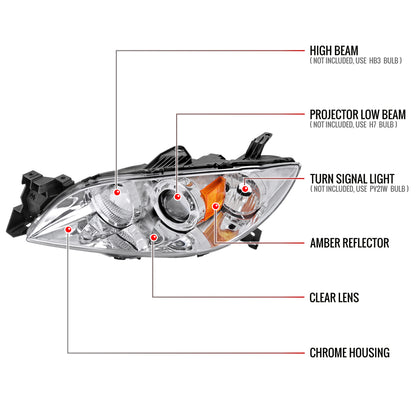 2004-2009 Mazda 3 Sedan Projector Style Headlights (Chrome Housing/Clear Lens)