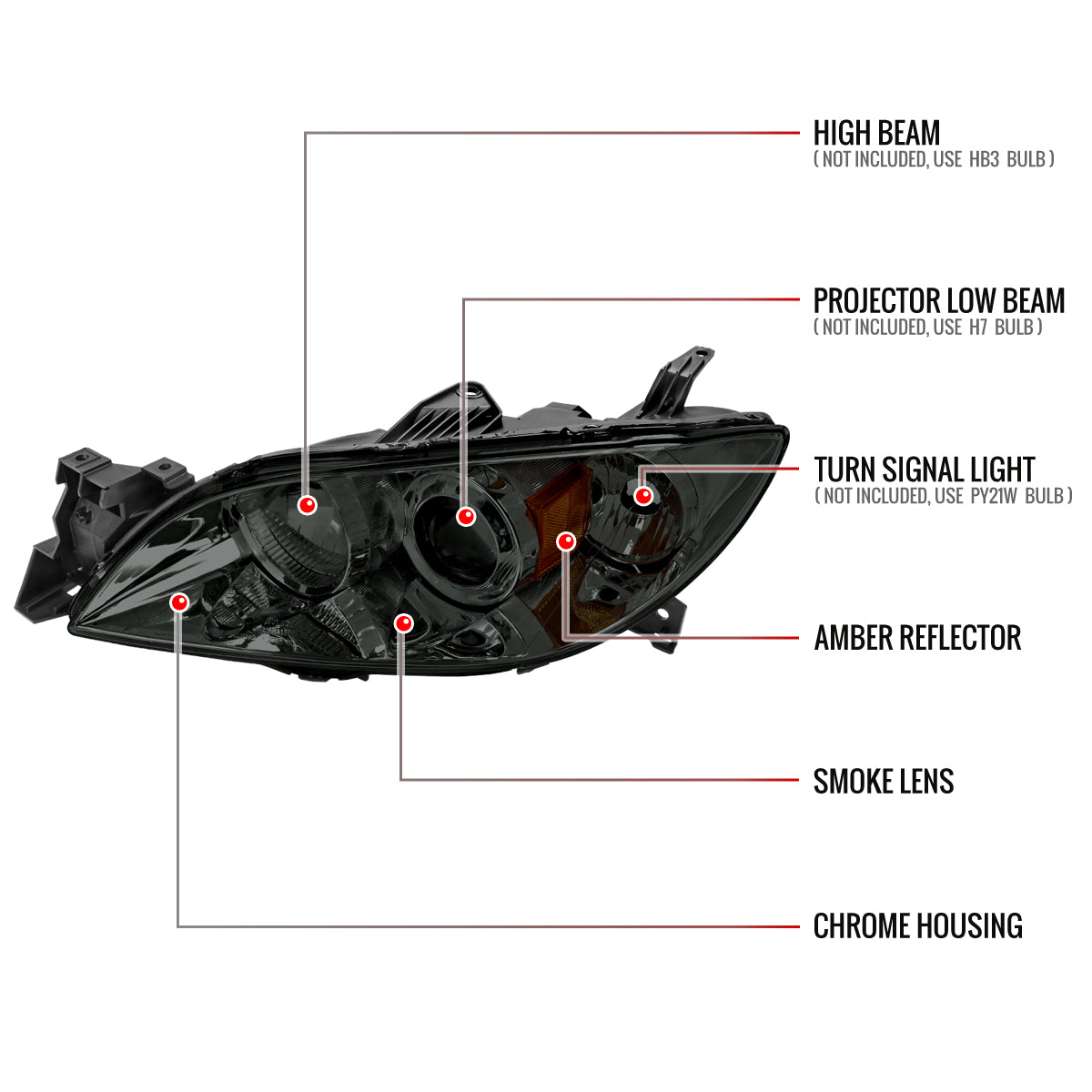 2004-2009 Mazda 3 Sedan Projector Style Headlights (Chrome Housing/Smoked Lens)