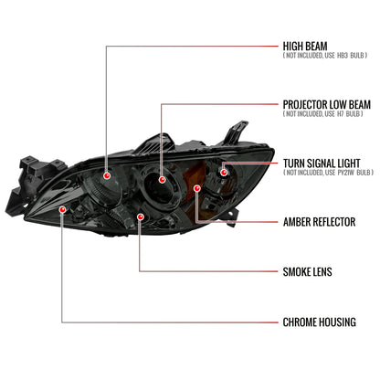 2004-2009 Mazda 3 Sedan Projector Style Headlights (Chrome Housing/Smoked Lens)