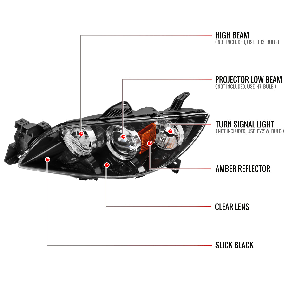 2004-2009 Mazda 3 Sedan Projector Style Headlights (Matte Black Housing/Clear Lens)
