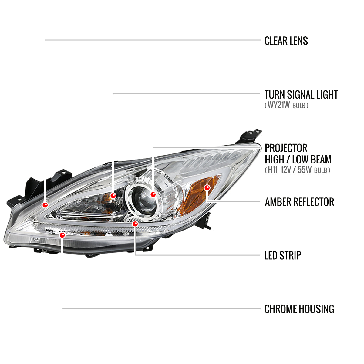 2010-2013 Mazda 3 Projector Headlights w/ LED Light Strip (Chrome Housing/Clear Lens)
