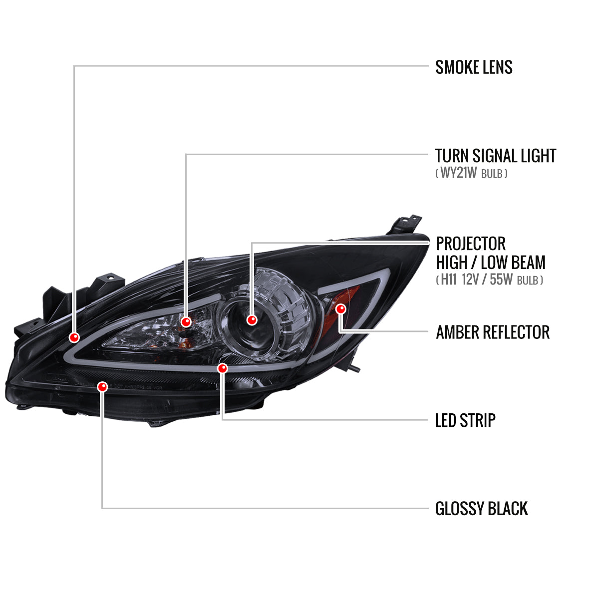 2010-2013 Mazda 3 Projector Headlights w/ LED Light Strip (Glossy Black Housing/Smoked Lens)