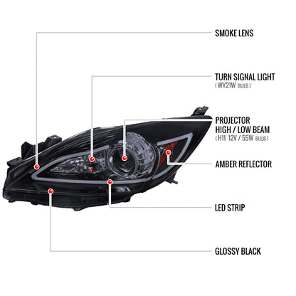 2010-2013 Mazda 3 Projector Headlights w/ LED Light Strip (Glossy Black Housing/Smoked Lens)