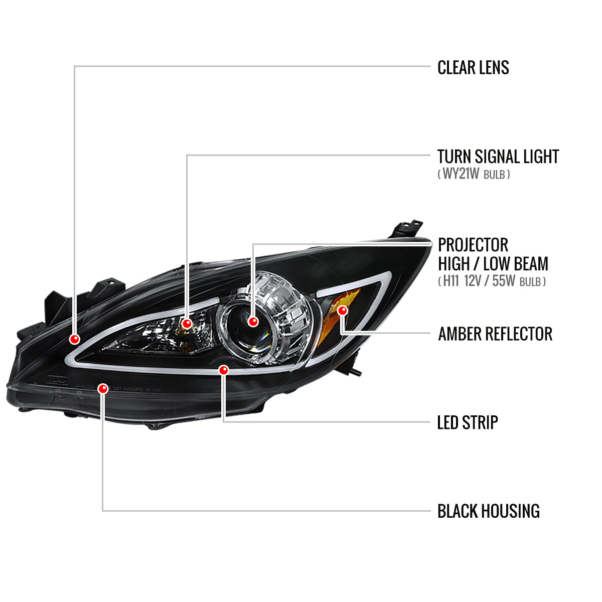 2010-2013 Mazda 3 Projector Headlights w/ LED Light Strip (Matte Black Housing/Clear Lens)