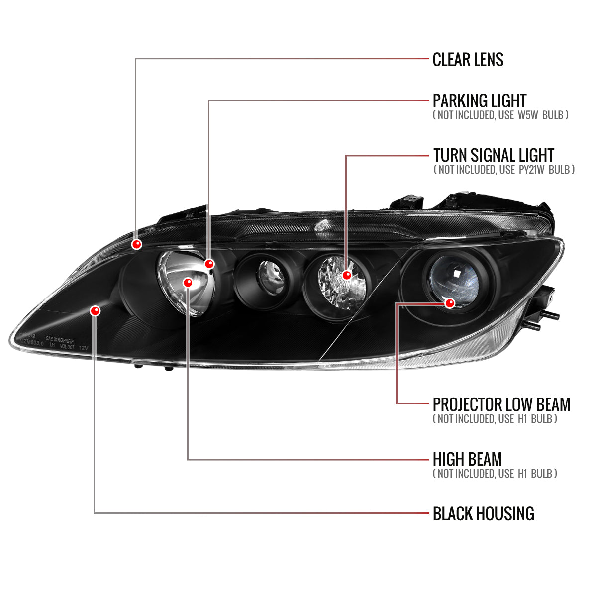 2003-2005 Mazda 6 Factory Style Projector Headlights (Matte Black Housing/Clear Lens)