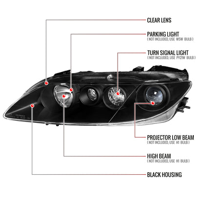 2003-2005 Mazda 6 Factory Style Projector Headlights (Matte Black Housing/Clear Lens)