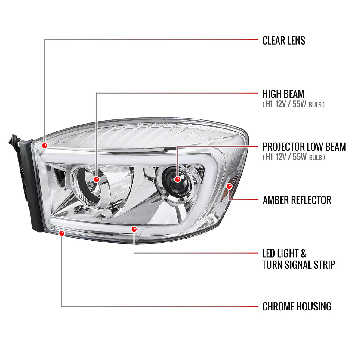 2006-2008 Dodge RAM 1500/ 2006-2009 2500 3500 Switchback LED C-Bar Projector Headlights (Chrome Housing/Clear Lens)
