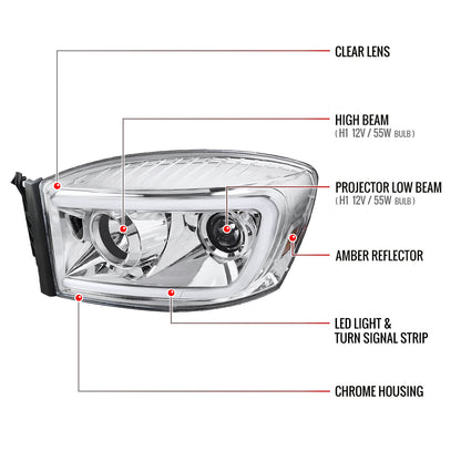 2006-2008 Dodge RAM 1500/ 2006-2009 2500 3500 Switchback LED C-Bar Projector Headlights (Chrome Housing/Clear Lens)