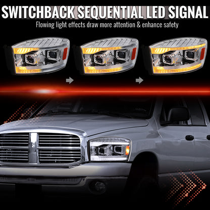 2006â€“2008 Dodge RAM 1500 / 2006â€“2009 RAM 2500 3500 Projector Headlights with Switchback LED Strips, Sequential Turn Signals, DRL & Startup Animations (Chrome Housing / Clear Lens)