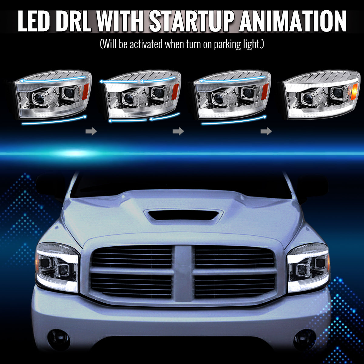 2006â€“2008 Dodge RAM 1500 / 2006â€“2009 RAM 2500 3500 Projector Headlights with Switchback LED Strips, Sequential Turn Signals, DRL & Startup Animations (Chrome Housing / Clear Lens)