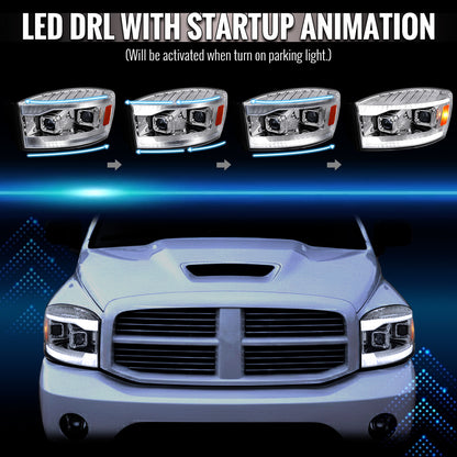 2006â€“2008 Dodge RAM 1500 / 2006â€“2009 RAM 2500 3500 Projector Headlights with Switchback LED Strips, Sequential Turn Signals, DRL & Startup Animations (Chrome Housing / Clear Lens)