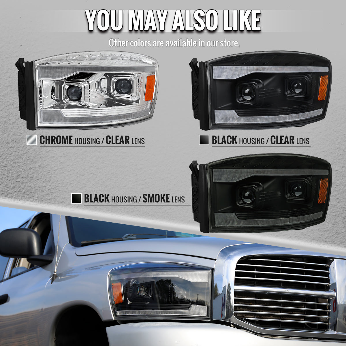 2006â€“2008 Dodge RAM 1500 / 2006â€“2009 RAM 2500 3500 Projector Headlights with Switchback LED Strips, Sequential Turn Signals, DRL & Startup Animations (Chrome Housing / Clear Lens)