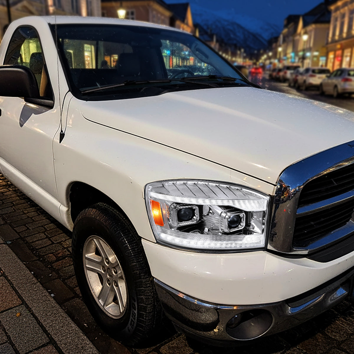 2006â€“2008 Dodge RAM 1500 / 2006â€“2009 RAM 2500 3500 Projector Headlights with Switchback LED Strips, Sequential Turn Signals, DRL & Startup Animations (Chrome Housing / Clear Lens)