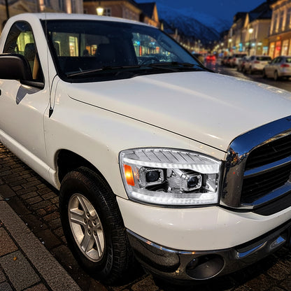 2006â€“2008 Dodge RAM 1500 / 2006â€“2009 RAM 2500 3500 Projector Headlights with Switchback LED Strips, Sequential Turn Signals, DRL & Startup Animations (Chrome Housing / Clear Lens)