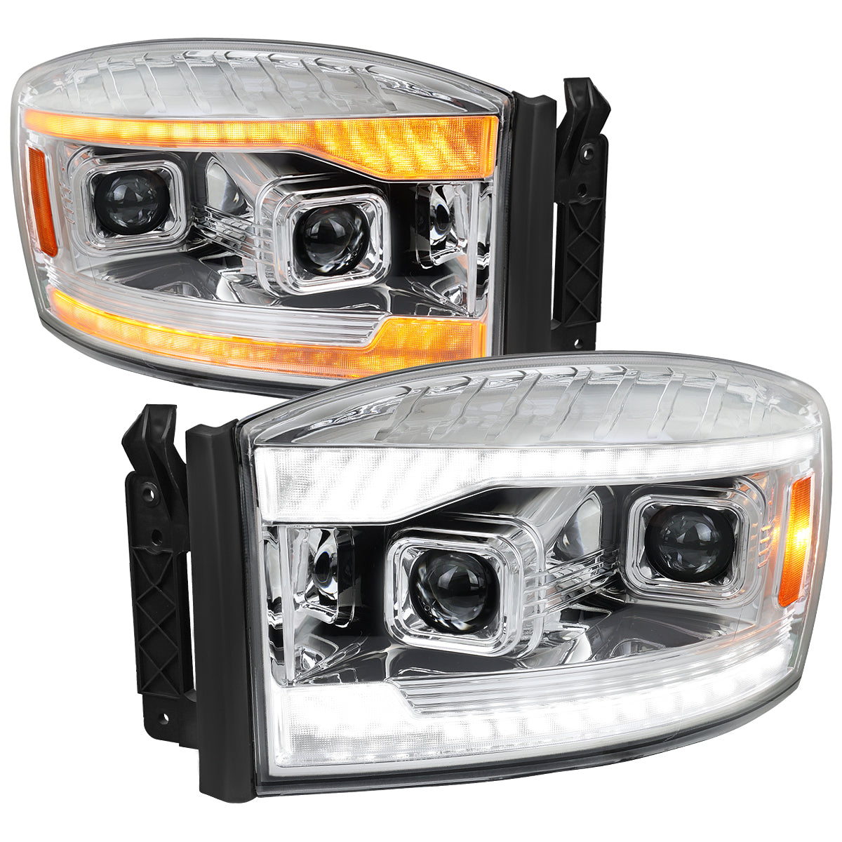 2006â€“2008 Dodge RAM 1500 / 2006â€“2009 RAM 2500 3500 Projector Headlights with Switchback LED Strips, Sequential Turn Signals, DRL & Startup Animations (Chrome Housing / Clear Lens)