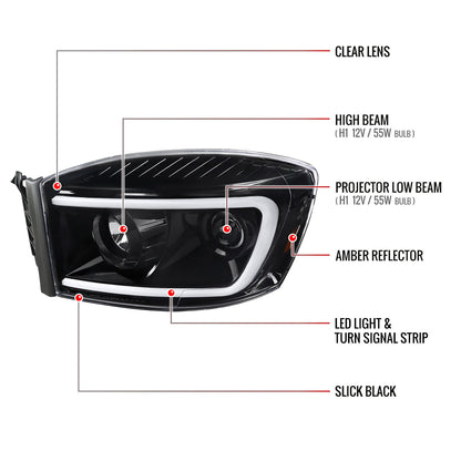2006-2008 Dodge RAM 1500/ 2006-2009 2500 3500 Switchback LED C-Bar Projector Headlights (Jet Black Housing/Clear Lens)