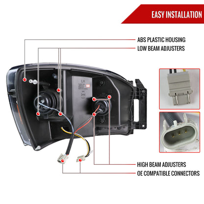 2006-2008 Dodge RAM 1500/ 2006-2009 2500 3500 Switchback LED C-Bar Projector Headlights (Glossy Black Housing/Smoked Lens)