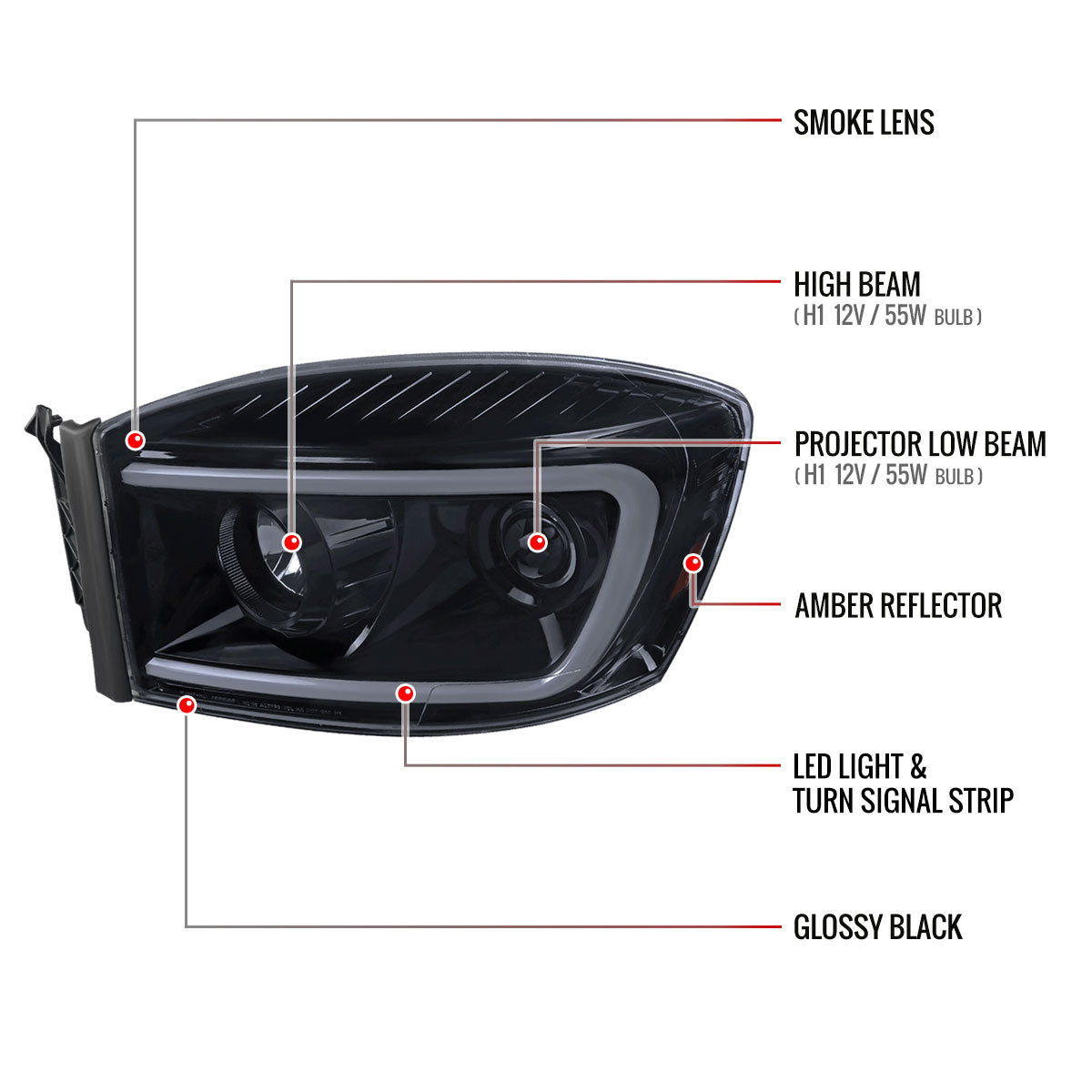 2006-2008 Dodge RAM 1500/ 2006-2009 2500 3500 Switchback LED C-Bar Projector Headlights (Glossy Black Housing/Smoked Lens)