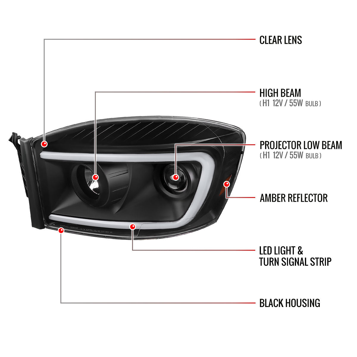 2006-2008 Dodge RAM 1500/ 2006-2009 2500 3500 Switchback LED C-Bar Projector Headlights (Matte Black Housing/Clear Lens)