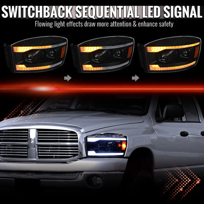 2006â€“2008 Dodge RAM 1500 / 2006â€“2009 RAM 2500 3500 Projector Headlights with Switchback LED Strips, Sequential Turn Signals, DRL & Startup Animation (Black Housing / Clear Lens)