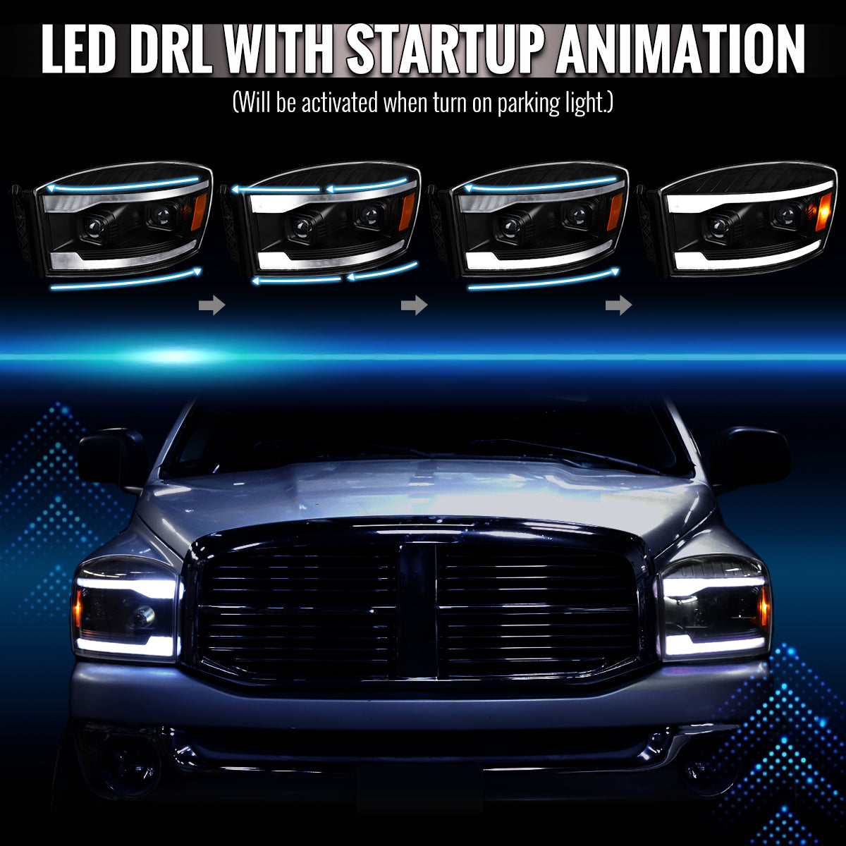 2006â€“2008 Dodge RAM 1500 / 2006â€“2009 RAM 2500 3500 Projector Headlights with Switchback LED Strips, Sequential Turn Signals, DRL & Startup Animation (Black Housing / Clear Lens)