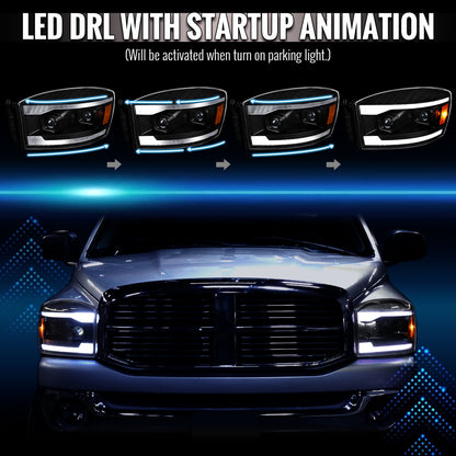 2006â€“2008 Dodge RAM 1500 / 2006â€“2009 RAM 2500 3500 Projector Headlights with Switchback LED Strips, Sequential Turn Signals, DRL & Startup Animation (Black Housing / Clear Lens)