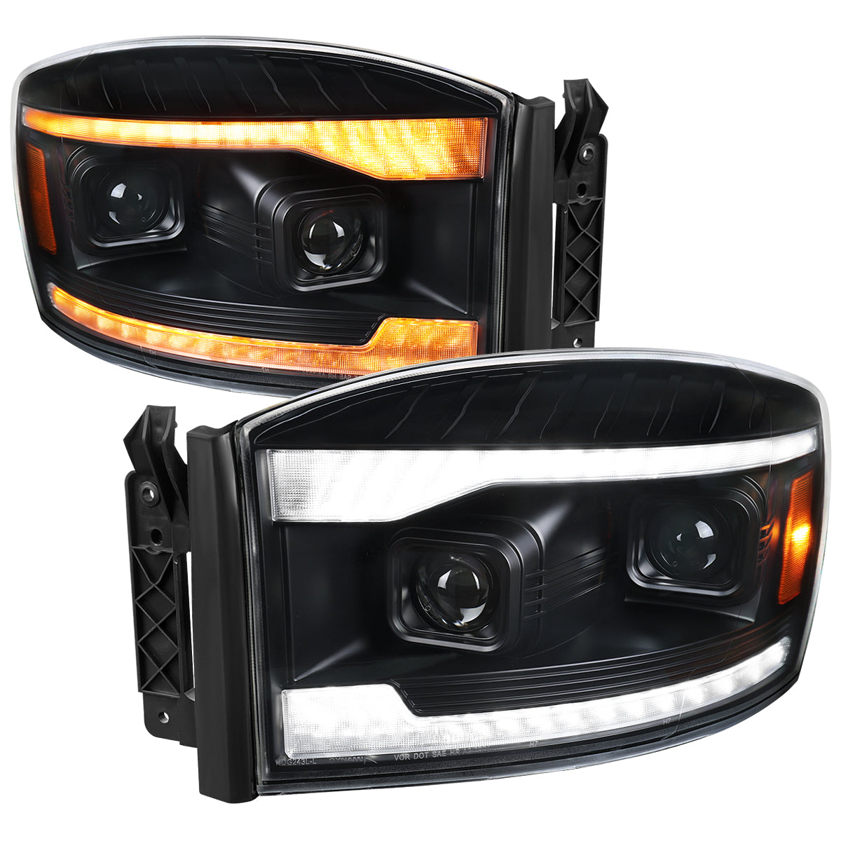 2006â€“2008 Dodge RAM 1500 / 2006â€“2009 RAM 2500 3500 Projector Headlights with Switchback LED Strips, Sequential Turn Signals, DRL & Startup Animation (Black Housing / Clear Lens)