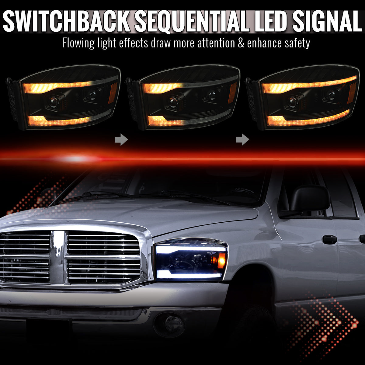 2006â€“2008 Dodge RAM 1500 / 2006â€“2009 RAM 2500 3500 Projector Headlights with Switchback LED Strips, Sequential Turn Signals, DRL & Startup Animation (Black Housing / Smoked Lens)